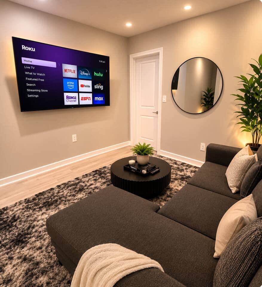 Living room featuring a comfortable sectional sofa, TV , a plush area rug, modern décor, and warm lighting. Whether you’re watching your favorite shows, reading a book, or spending time with family and friends.