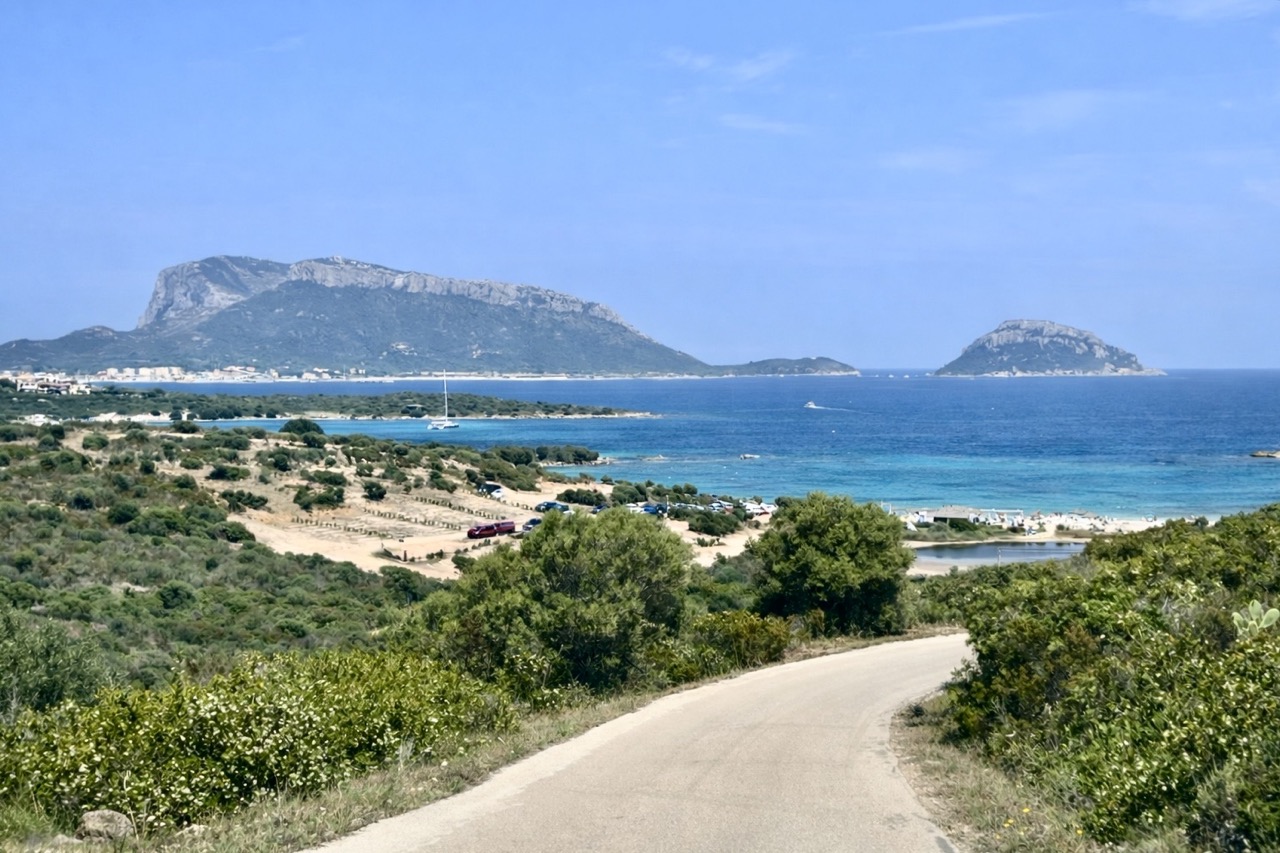 Tavolara island and turquoise Sardinian water visible from the coastal road near Olbia
