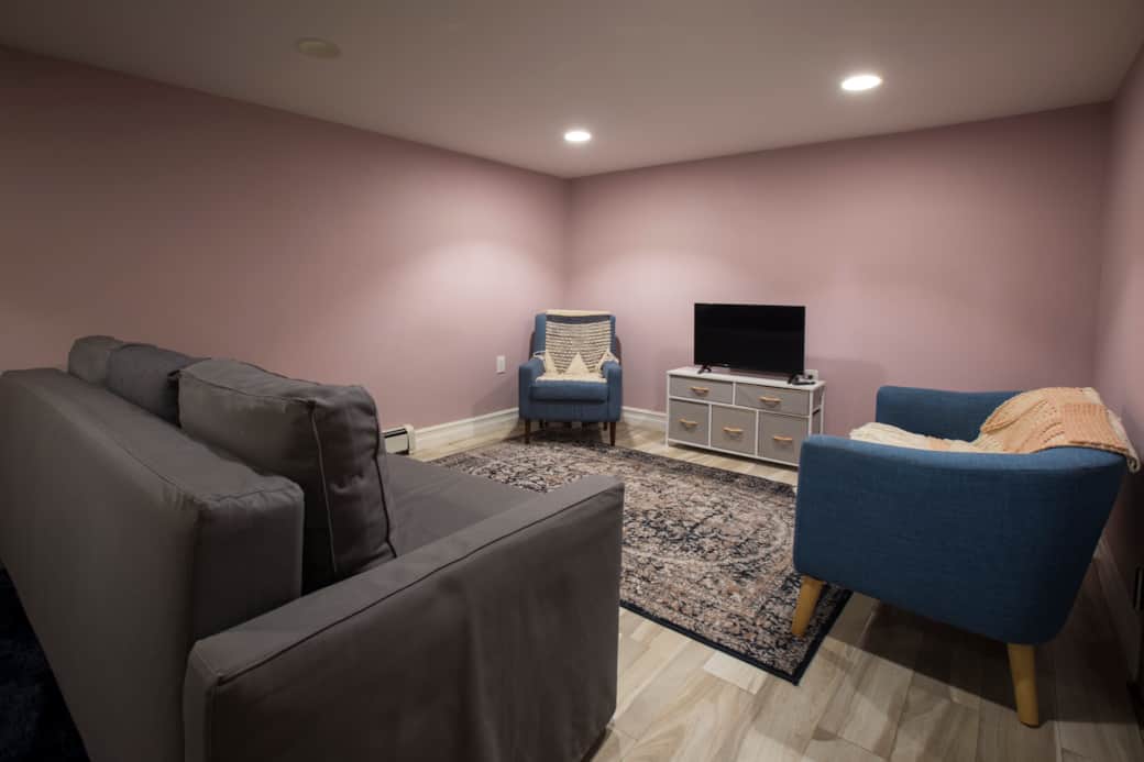 The downstairs bonus room has a foldout sofa