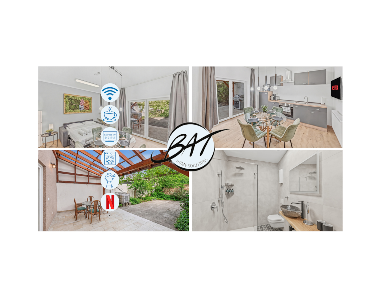 Modernes Studio mit Terrasse, Smart-TV, Grill, Küche und stilvollem Duschbad.
