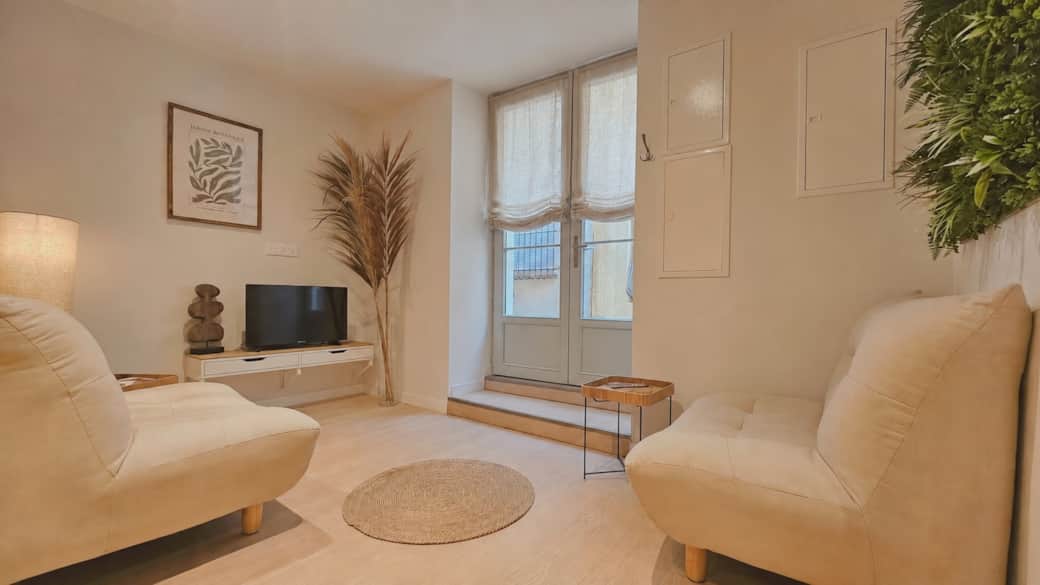 Living and sleeping area with sofa, television