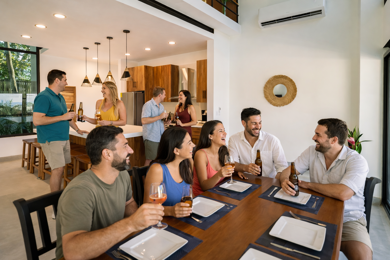 Friends enjoying dinner inside a luxury large group villa in Manuel Antonio, Costa Rica