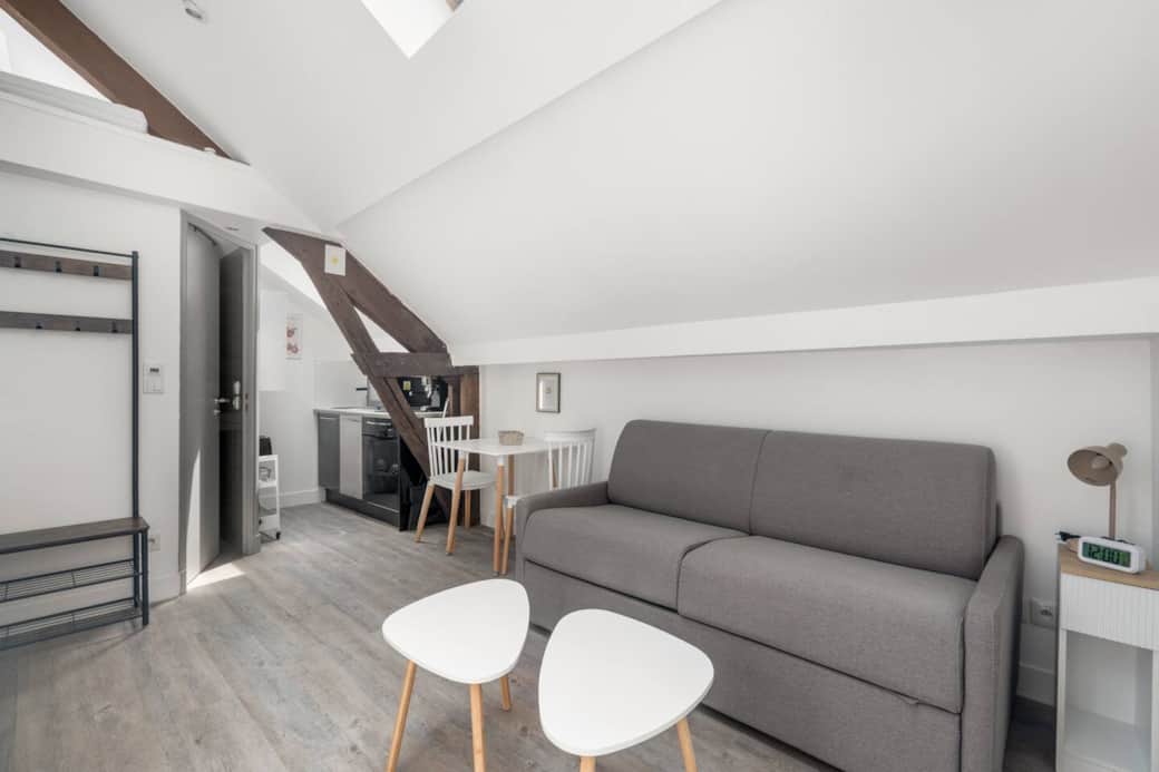 Salon avec cuisine ouverte et un canapé lit confortable ( 2 personnes )