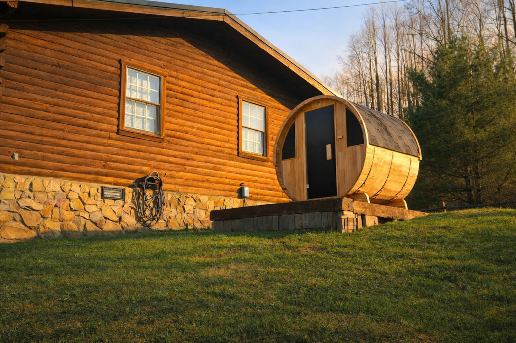 Cozy cabin and sauna in sunlight