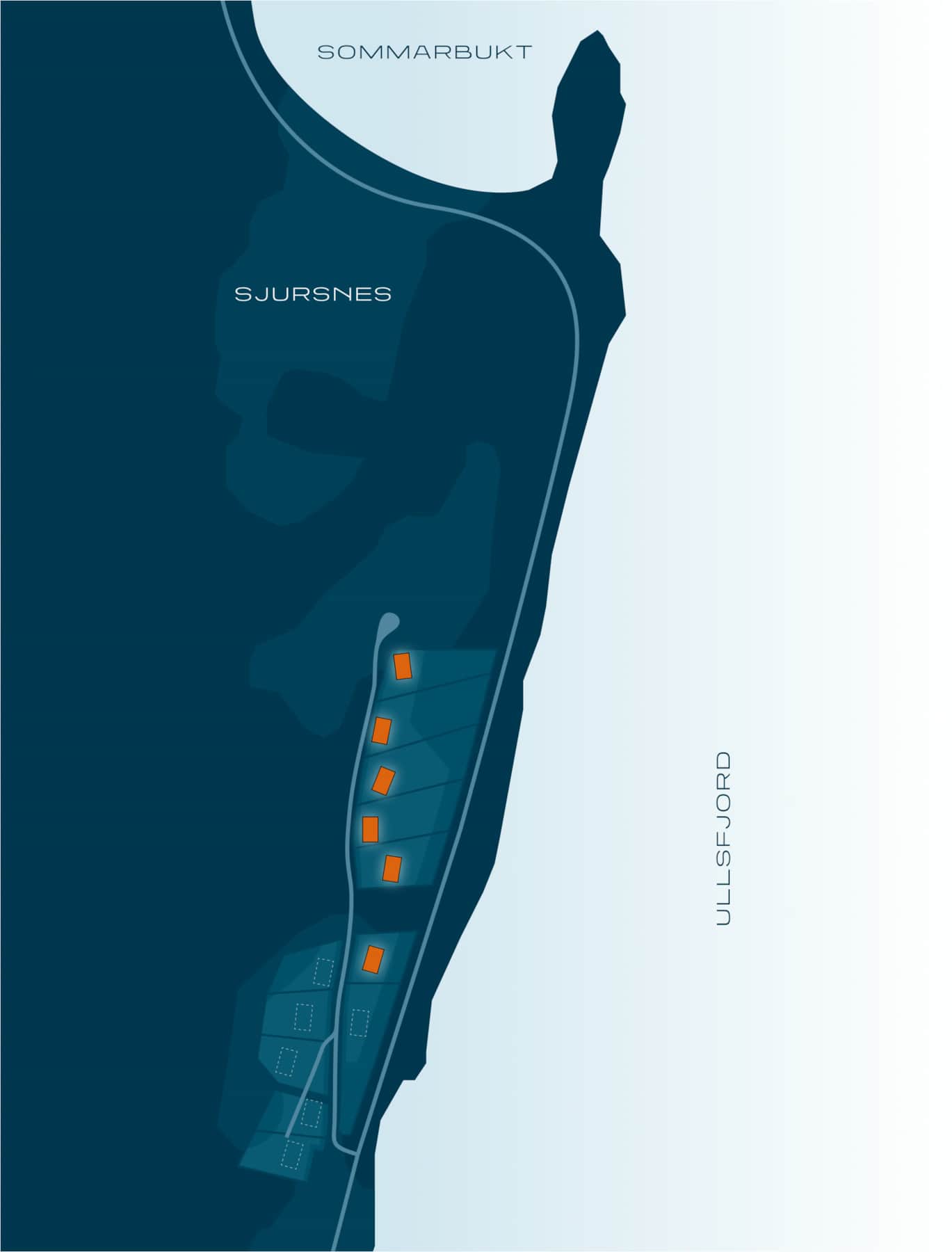 Site plan of Sjursnes on the Ullsfjord with the four chalets