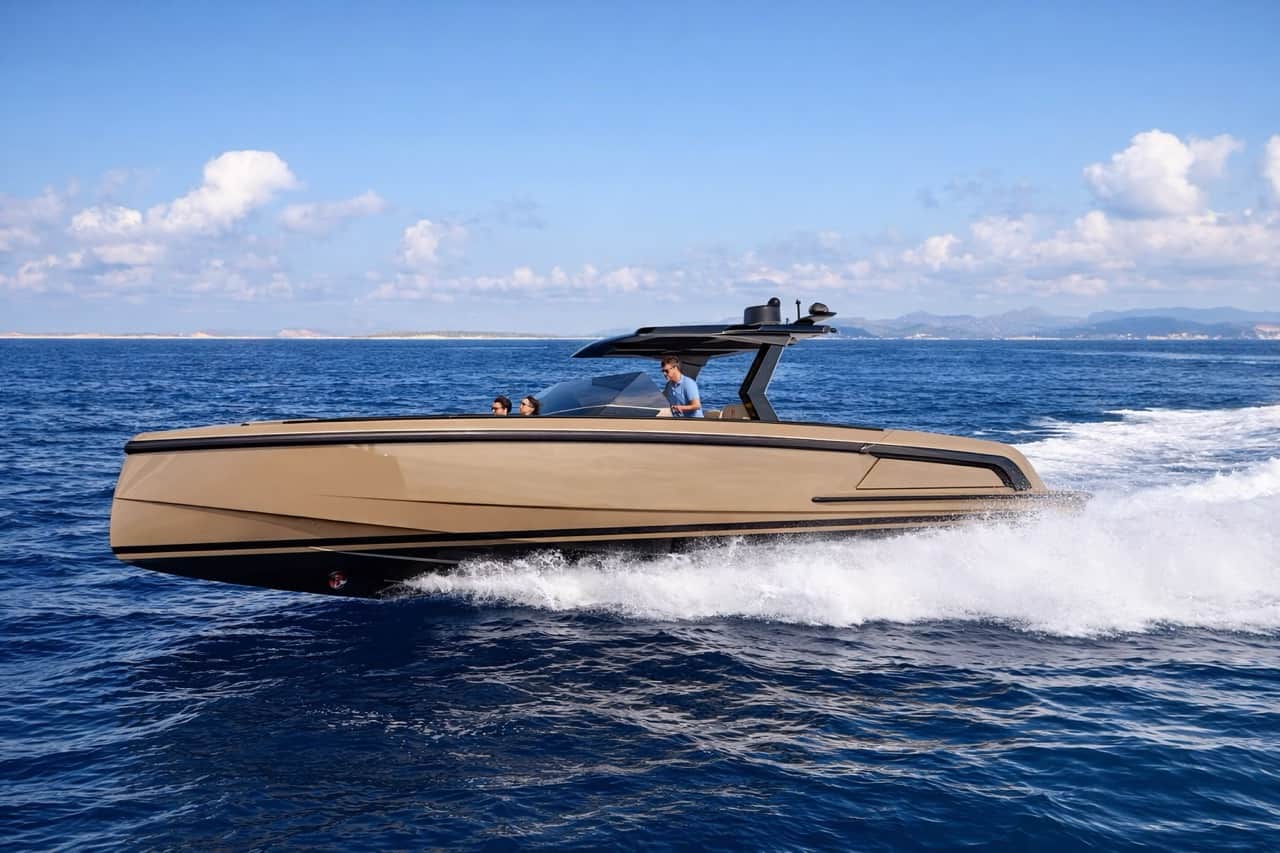 Vanquish VQ40 bronze-hulled luxury yacht cruising at speed past the Sardinia coastline — MareFun skippered charter from Olbia marina