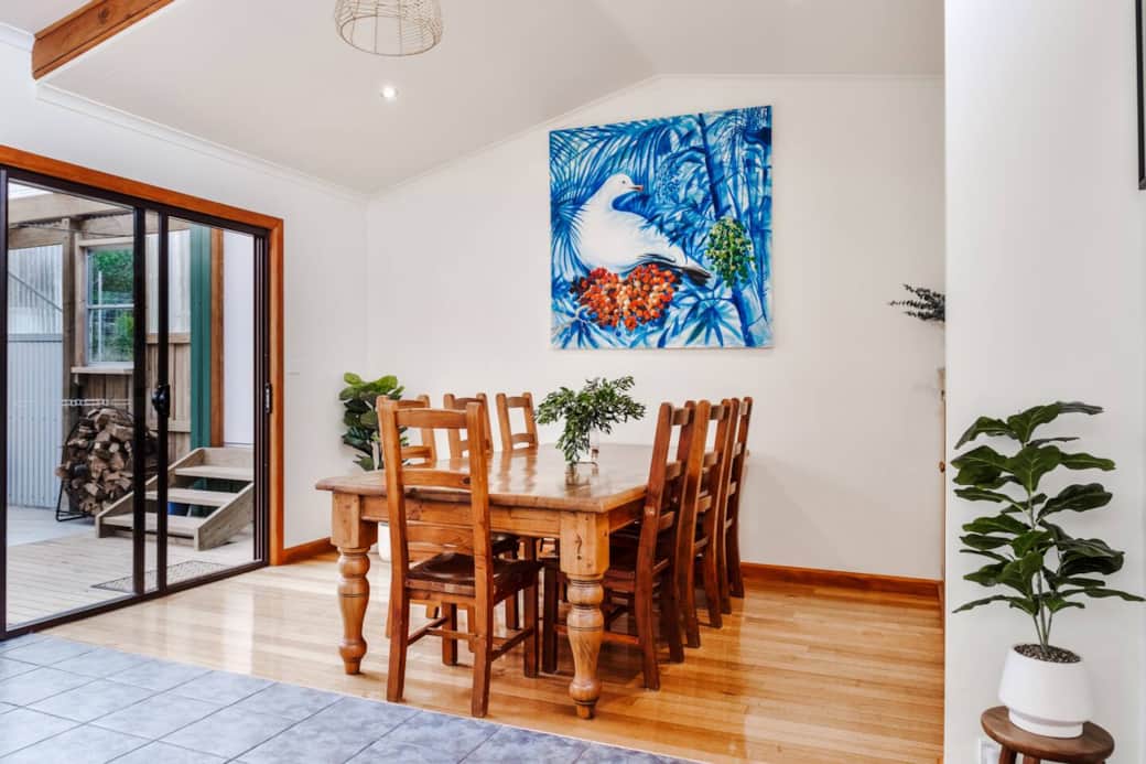 The indoor dining area seats up to 8 people