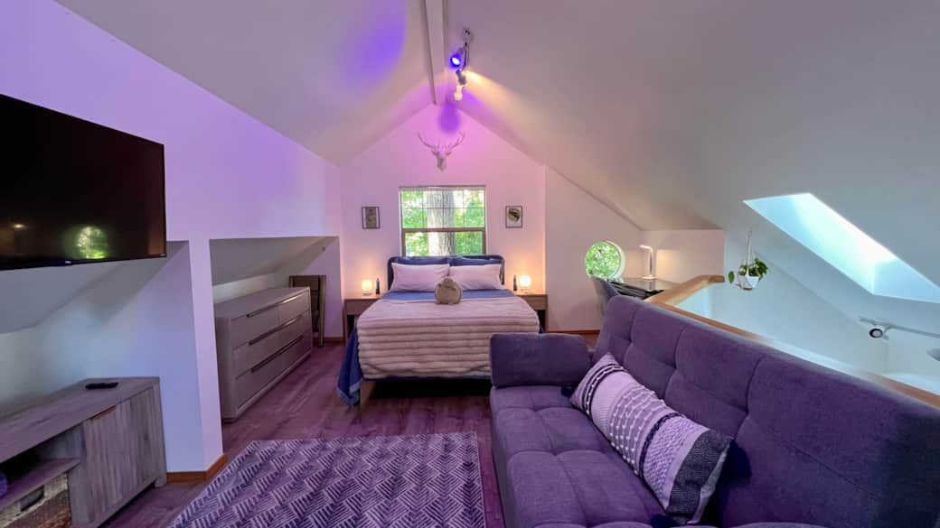 Bedroom includes a queen bed and sofa bed, dedicated workspace, 40” Roku TV, and ample storage.