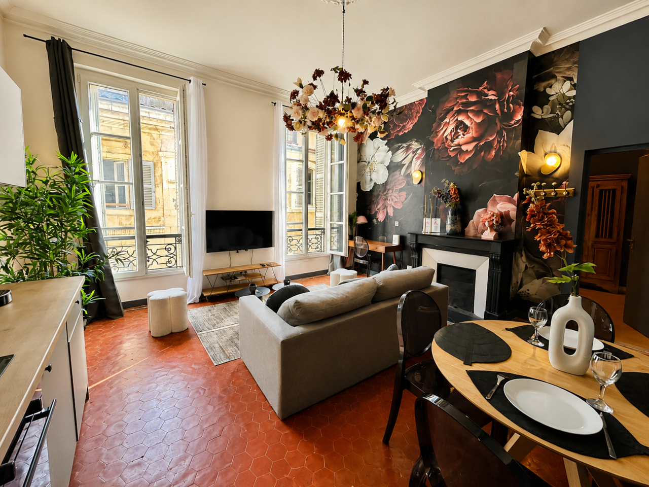 living room, television, dining room, dining table, sofa, decoration