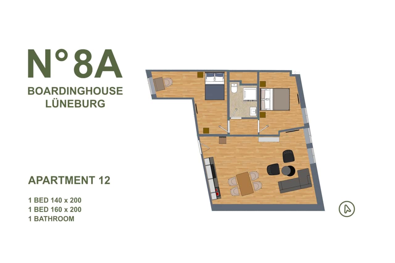 Großzügiger Grundriss mit eigenem Bad und Küche im N°8A Boardinghouse Lüneburg