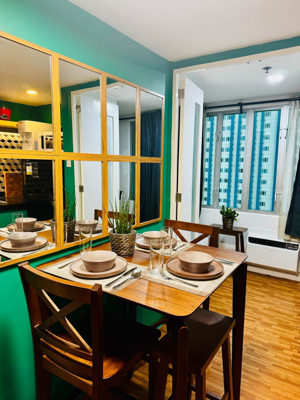 Enjoy delicious meals with loved ones at our oakwood dining table. Seats up to 4 for cozy gatherings.