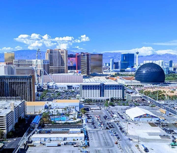 Views towards the NEW MSG Sphere, High roller, Wynn, Stratosphere and downtown area.  Mountains are behind.