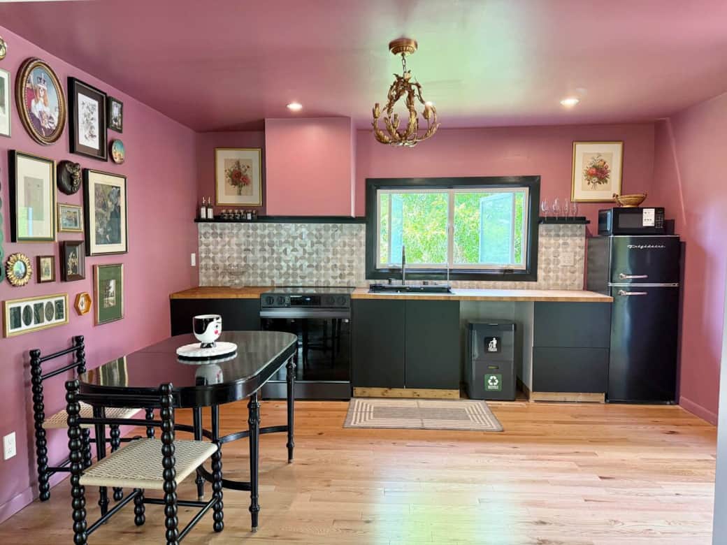 Newly renovated kitchen with modern appliances and fully stocked kitchen tools, plates, glassware and cutlery. Dinning area as well with open floor plan. Contemporary. Cozy. Comfortable. 