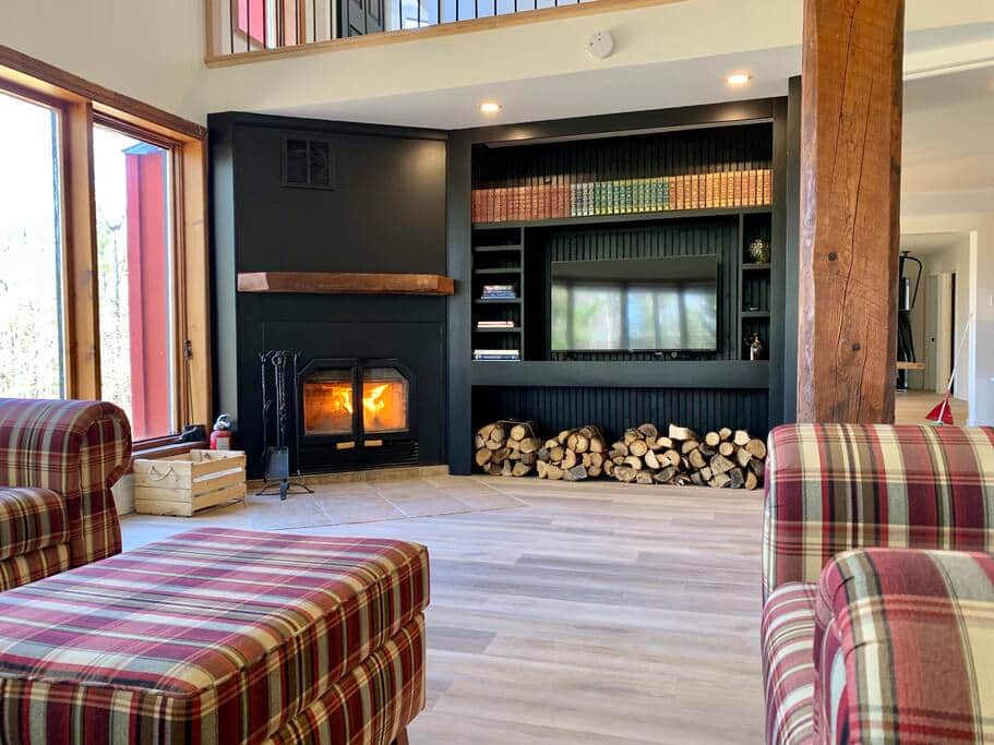 Big living room with wood fireplace Big living room with wood fireplace