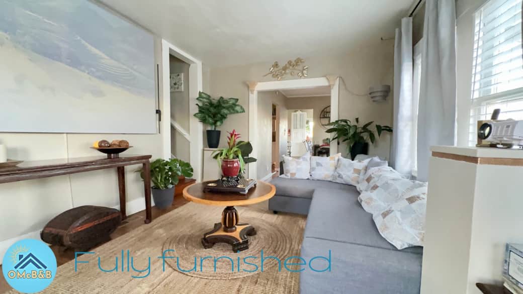 Living room with projector and movie screen