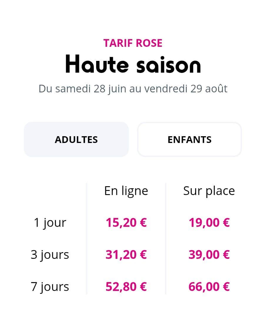 Tarif Fun pass adulte haute saison