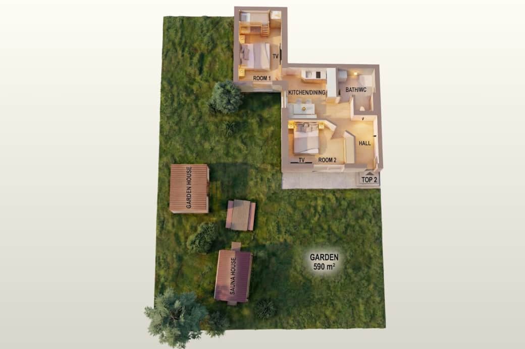 Grundriss der Berglodge Hochrindl Ferienwohnung mit 2 Schlafzimmern und 590m² Garten