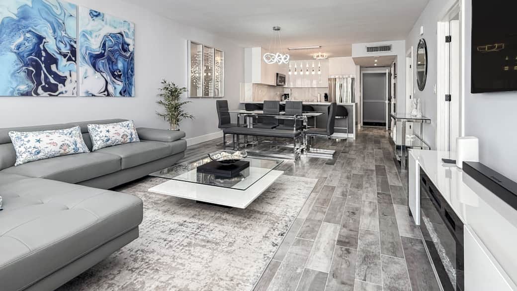 Living room, dining room and kitchen