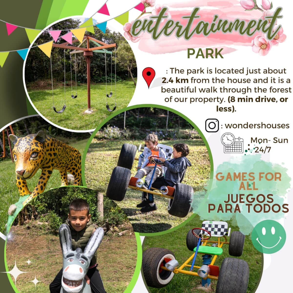 Information of the entertainment park. The park is totally private, only for our guest, it is on a 8 min drive property of the house.