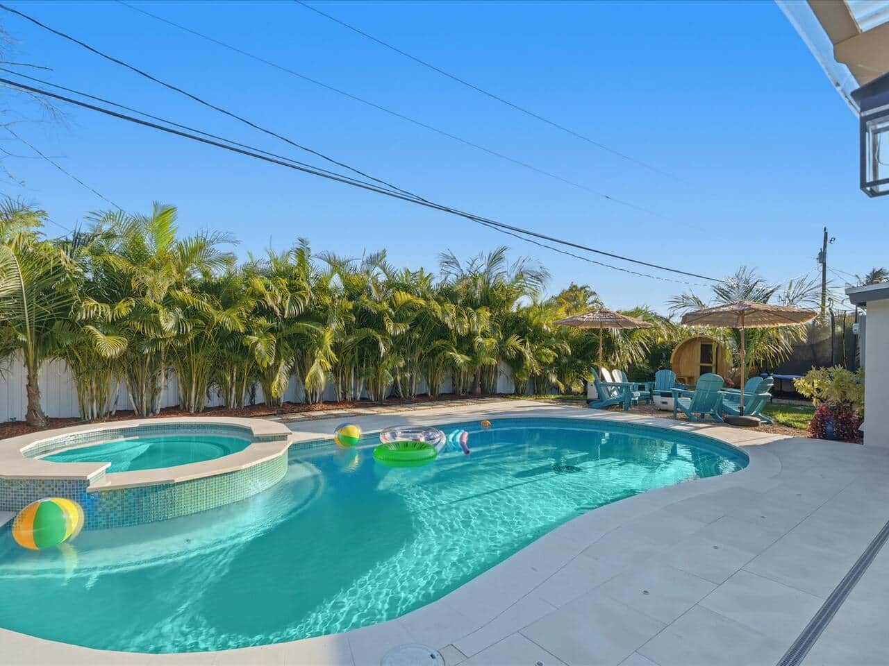 Heated saltwater pool with spa