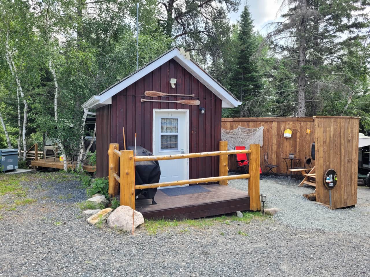 Fisher bunkie: parking, cabin and patio