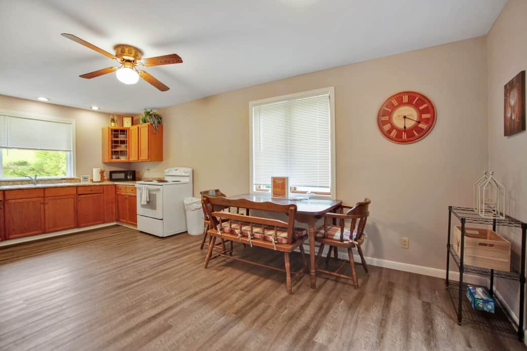 Open kitchen and dining space. 