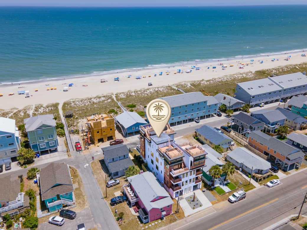 Aerial view of Driftwood Carolina steps from the beach in Carolina Beach NC Aerial view of Driftwood Carolina steps from the beach in Carolina Beach NC