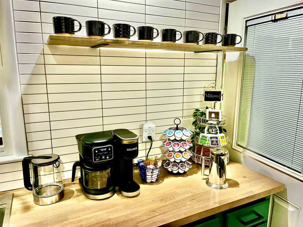 This coffee maker is amazing. It makes a great cup of coffee, super fast. We provide you with several different blends, including decaf, and a variety of teas. A French Press is also available.