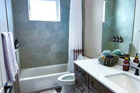 Downstairs bathroom, shared between queen bedroom and bunk room.