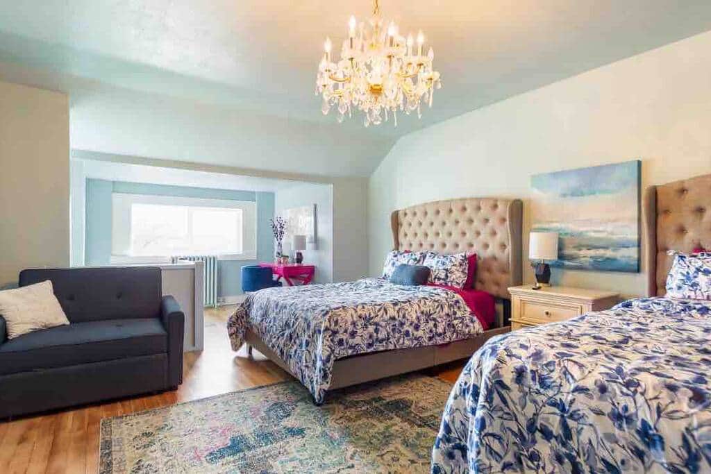 Room #1, beds, sleep up to 70 guests, McKinley Mansion, Pocatello, Idaho