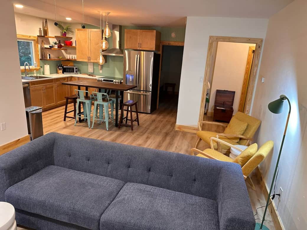 Views from living room to kitchen