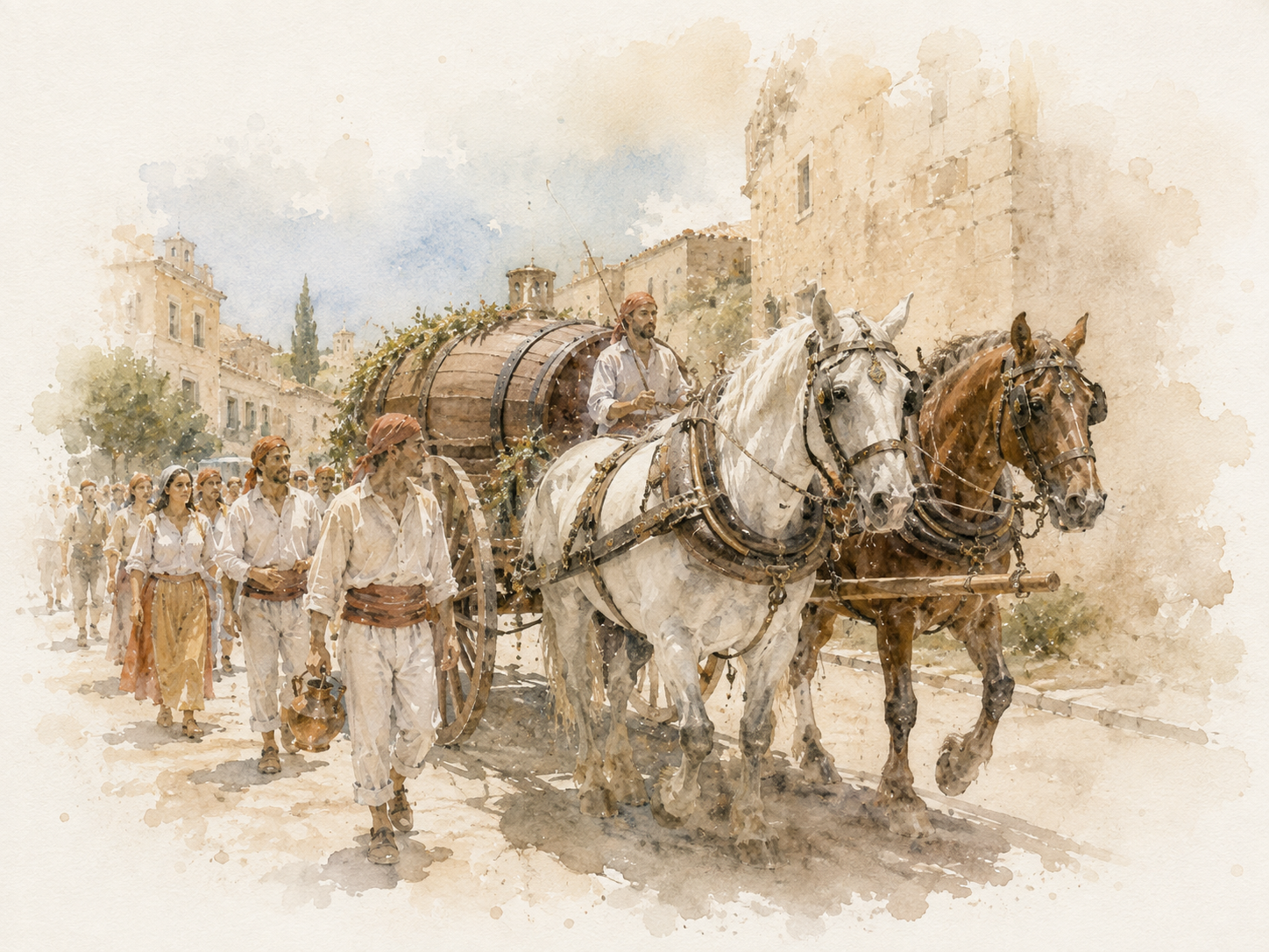 Horse-drawn carts carrying the water of Sant Magí
