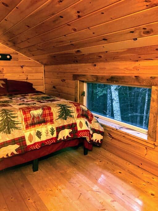 Full sized bed in a cozy loft.  Sometimes you can look out the window and see deer going by.