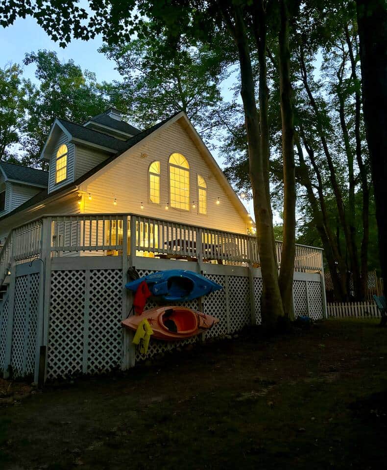 Kayaks hung up after a busy day on the lake. 