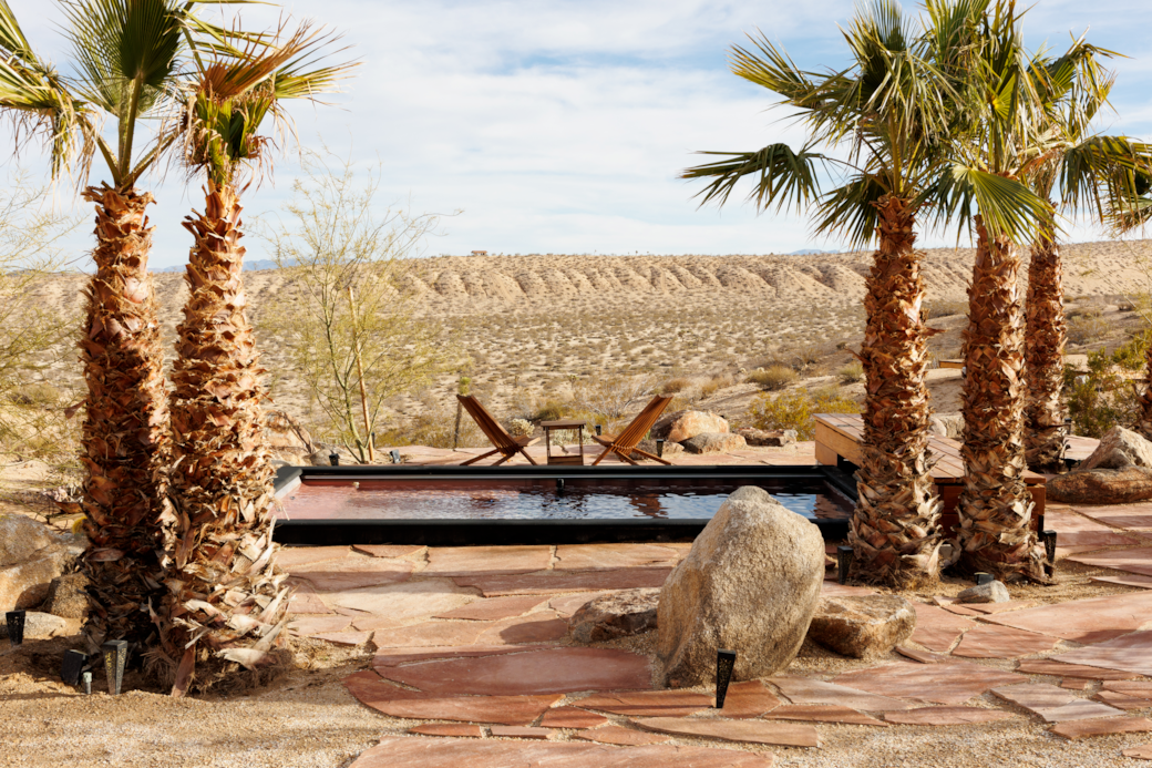 Terra Nova's pool sits amongst mature palms with an expansive desert backdrop for a view Terra Nova's pool sits amongst mature palms with an expansive desert backdrop for a view