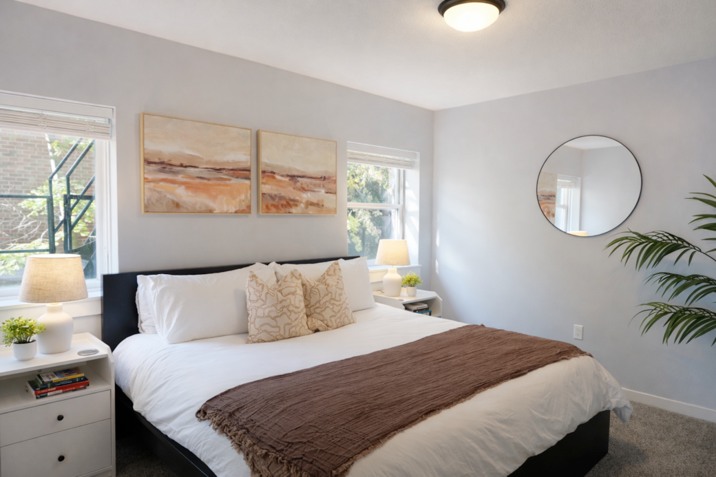 Bright and spacious bedroom with a king bed, large closet, and dual windows for beautiful natural li