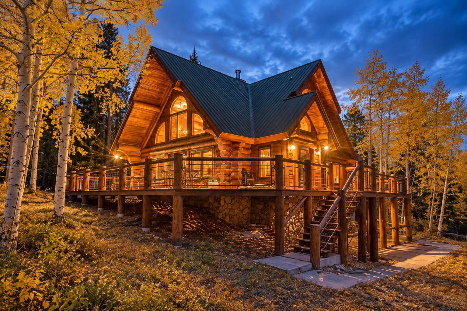 A Creek Runs Through It luxury log home glowing at twilight among golden fall aspens in Westcliffe