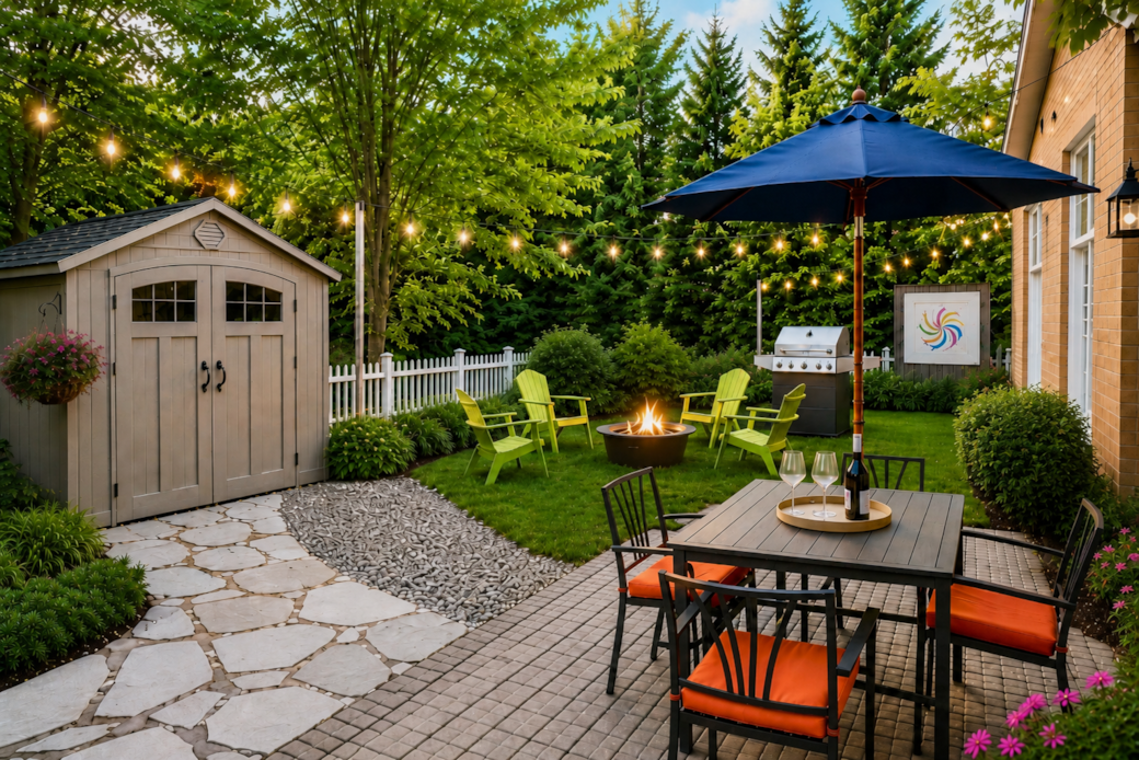 Private backyard retreat with patio dining, string lights, BBQ and fire pit seating for relaxed even