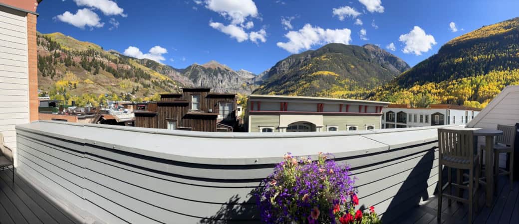 Views from the penthouse deck overlooking Telluride, Ajax mountain and the box canyon