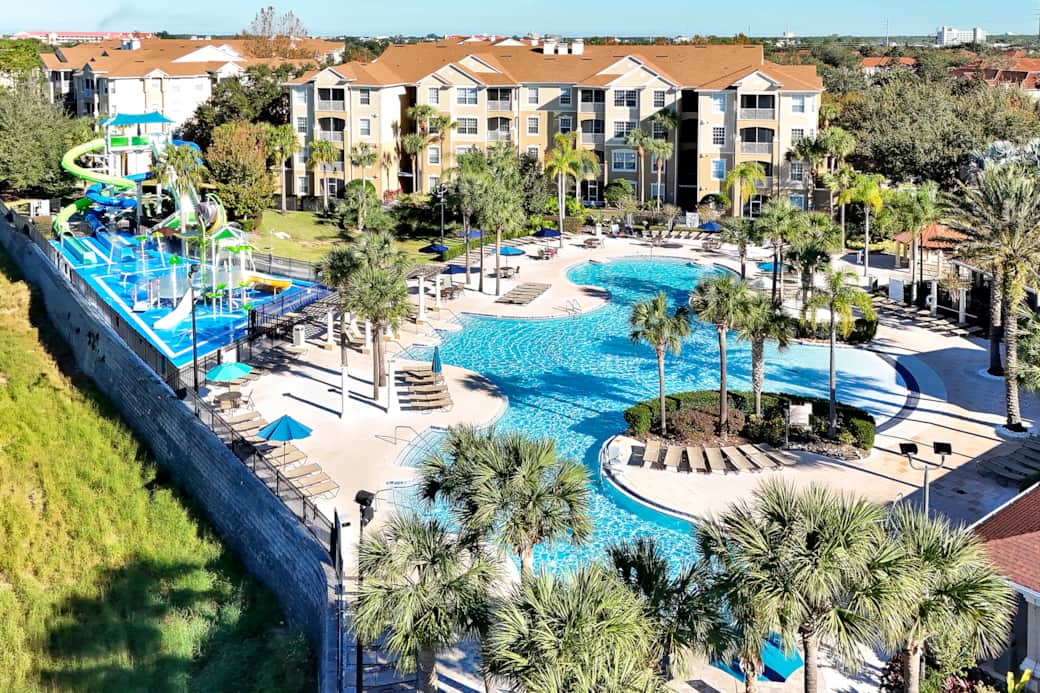 Relax and unwind at the pool or enjoy the water park with waterslides