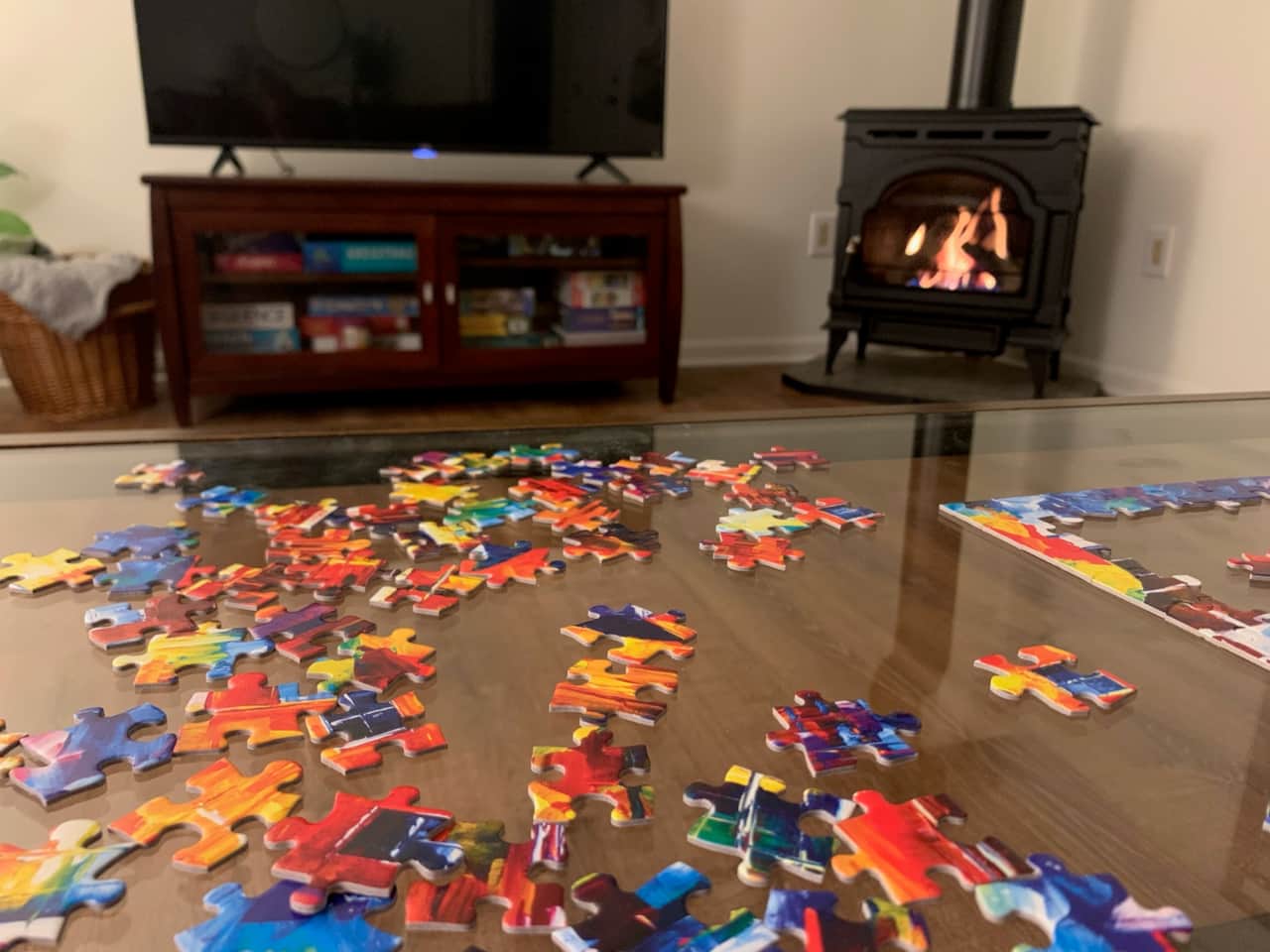 Puzzles by the fire.