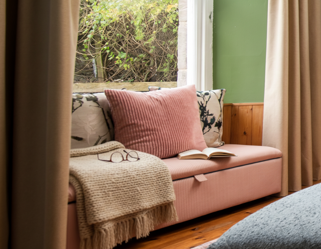 Garden-themed green room: Tall bed, window seat, antique dresser. Space for your dog/travel cot.