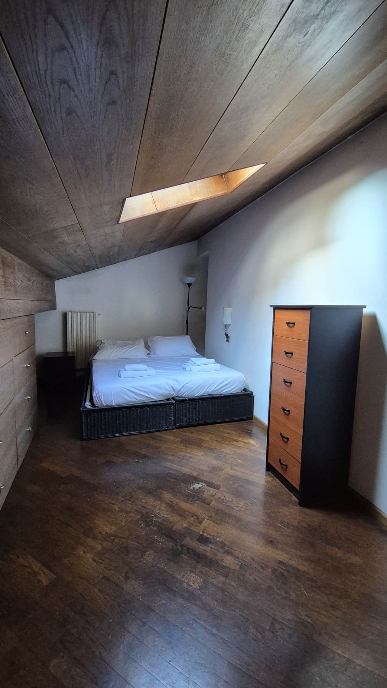 Dormitorio con cama, tragaluz y armario oscuro