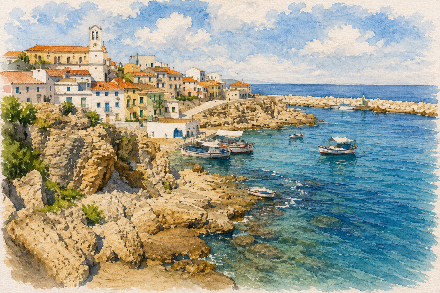 Watercolour of the historic fishing village of L'Ametlla de Mar