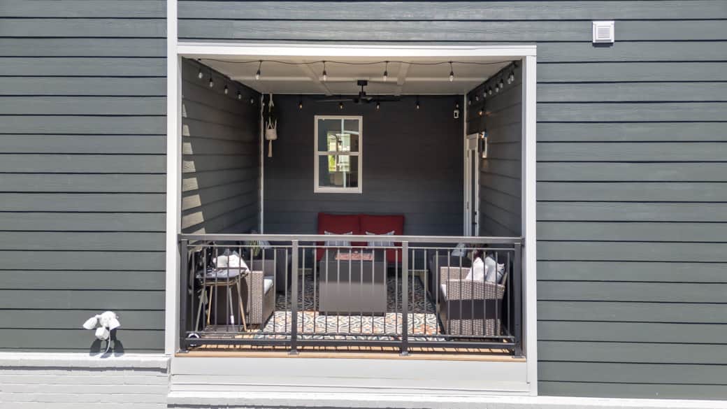 Covered Deck with String Lights, Fire-pit, and Charcoal Grill