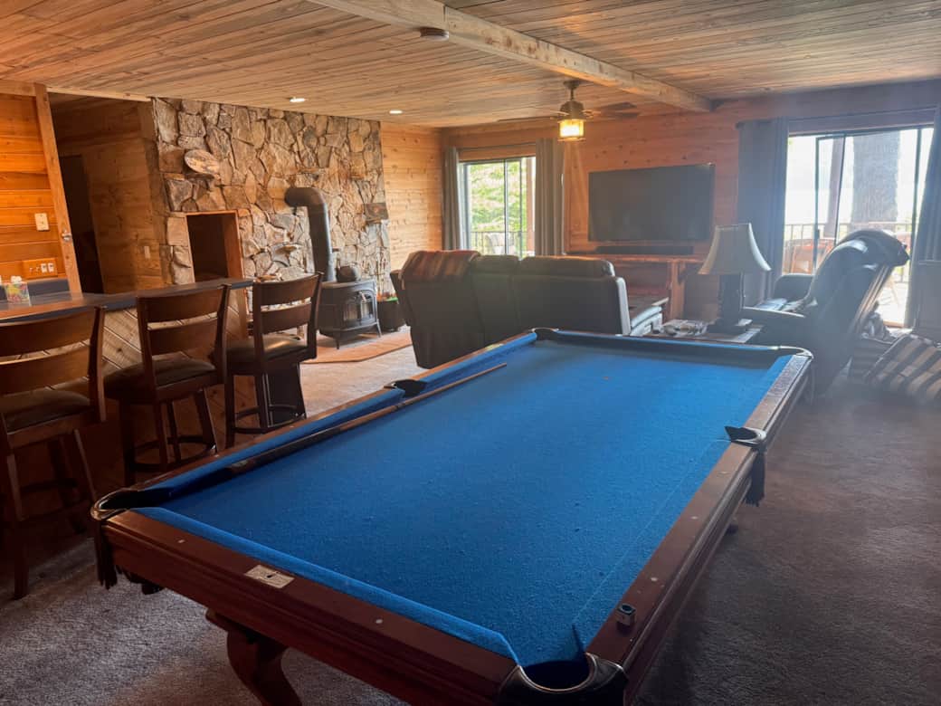 Pool table, Wet bar, and large screen TV