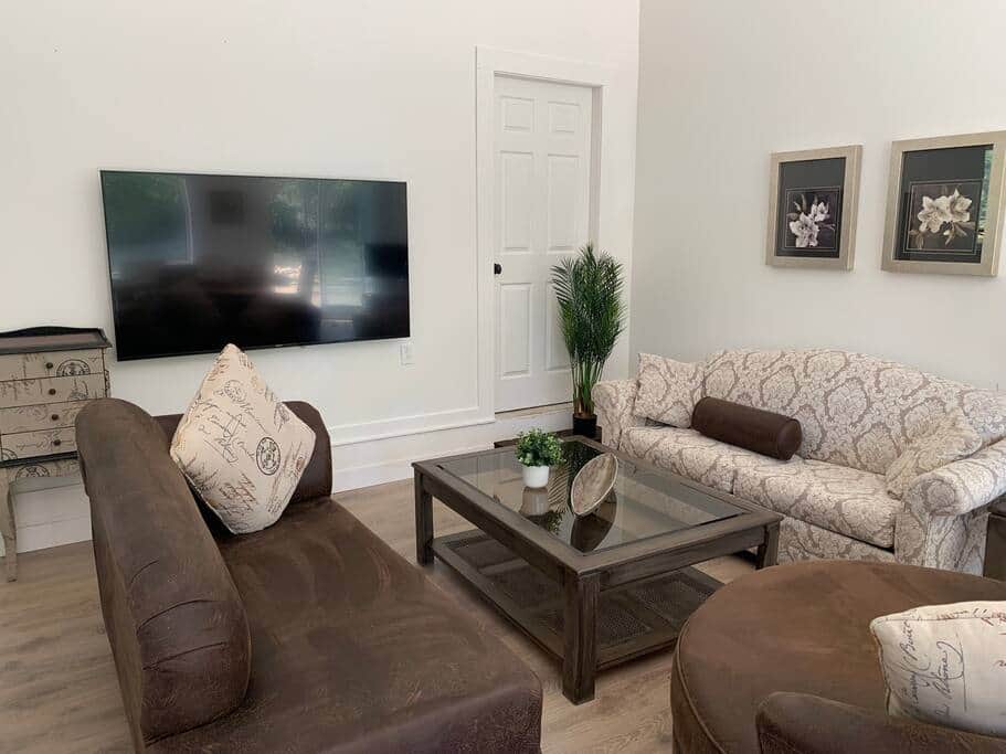 Living room with 65 inch smart TV and sofa bed Living room with 65 inch smart TV and sofa bed