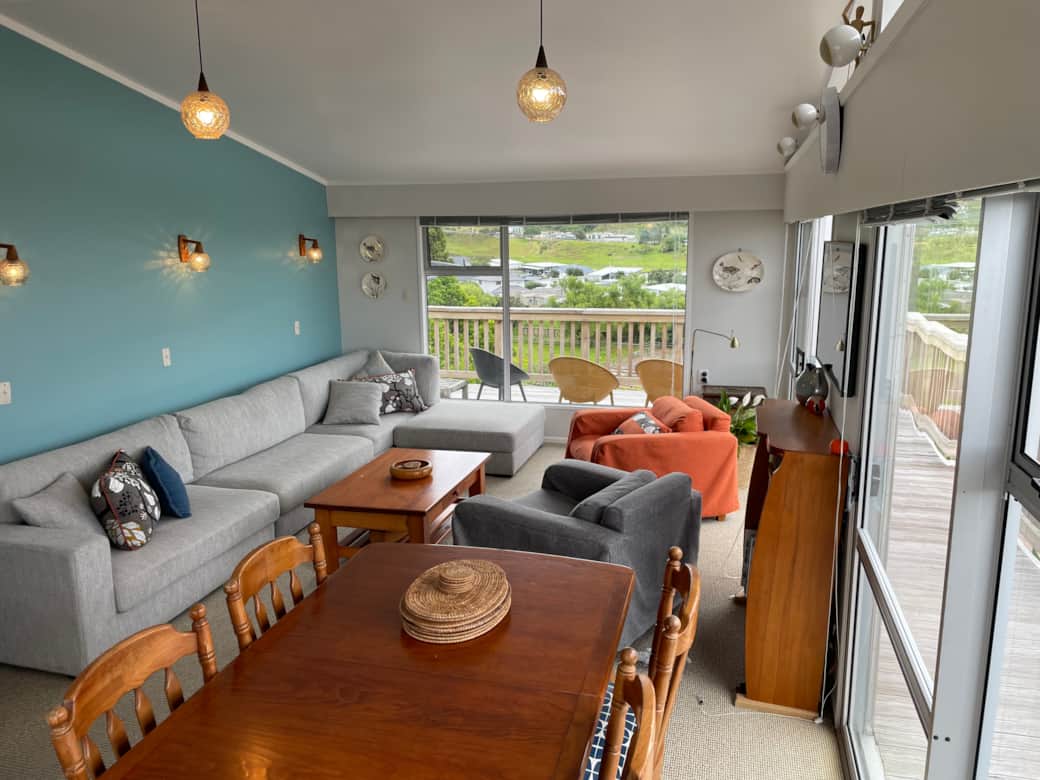 Family dining table seats 6, can extend for 8.