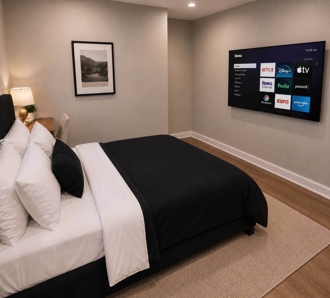 Modern and cozy bedroom featuring a plush black bed with luxury bedding, large closet space, Roku smart TV, and warm modern decor. Perfect for relaxing with comfortable seating, natural light, and a clean contemporary design.