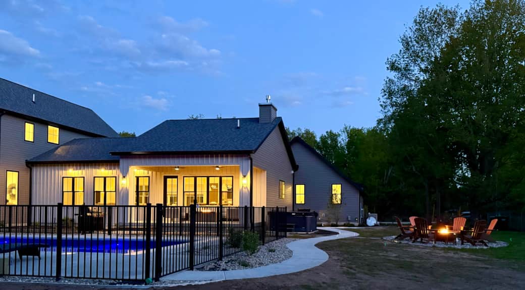 Back yard with pool, 2 gas fire pits, and large hot tub